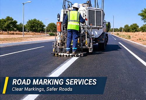 Fresh road markings on a paved road